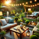 A serene and inviting backyard oasis scene, showcasing a cozy outdoor seating area with comfortable furniture, lush greenery, and ambient string light